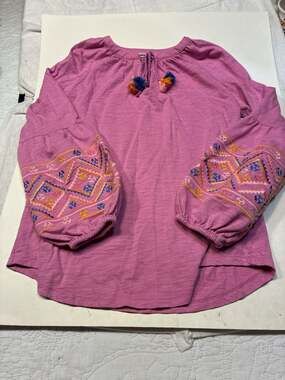 Belle Boho by Kim Gravel Slub Knit Embroidered Peasant Top with Tassels